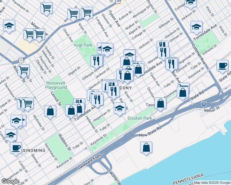 map of restaurants, bars, coffee shops, grocery stores, and more near 6744 Vandike Street in Philadelphia