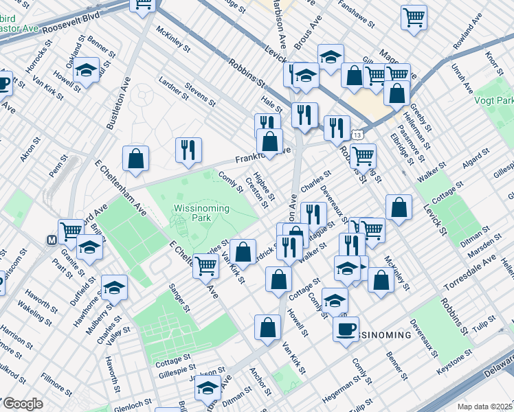 map of restaurants, bars, coffee shops, grocery stores, and more near 4073 Comly Street in Philadelphia
