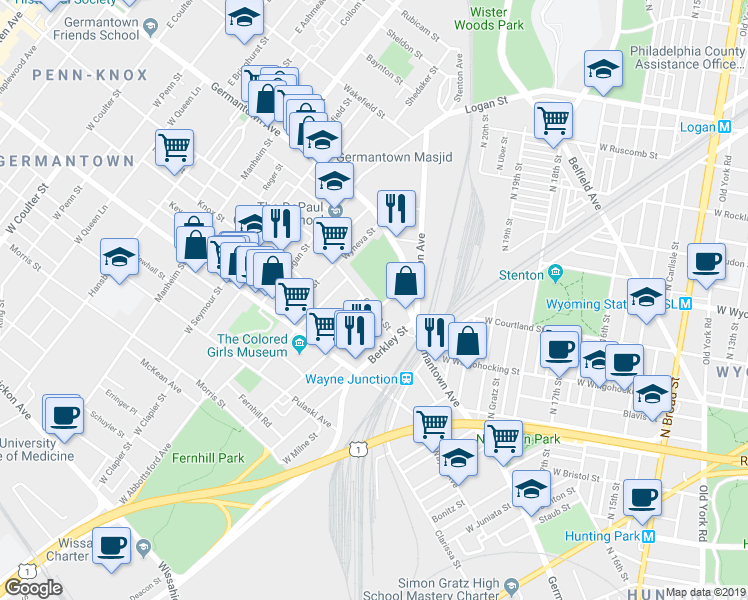 map of restaurants, bars, coffee shops, grocery stores, and more near 110 West Sylvania Street in Philadelphia