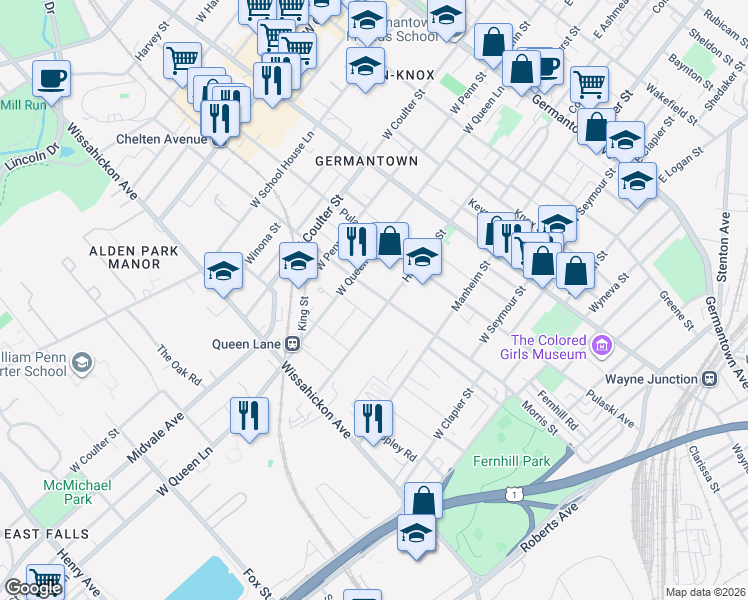 map of restaurants, bars, coffee shops, grocery stores, and more near 5200 Morris Street in Philadelphia