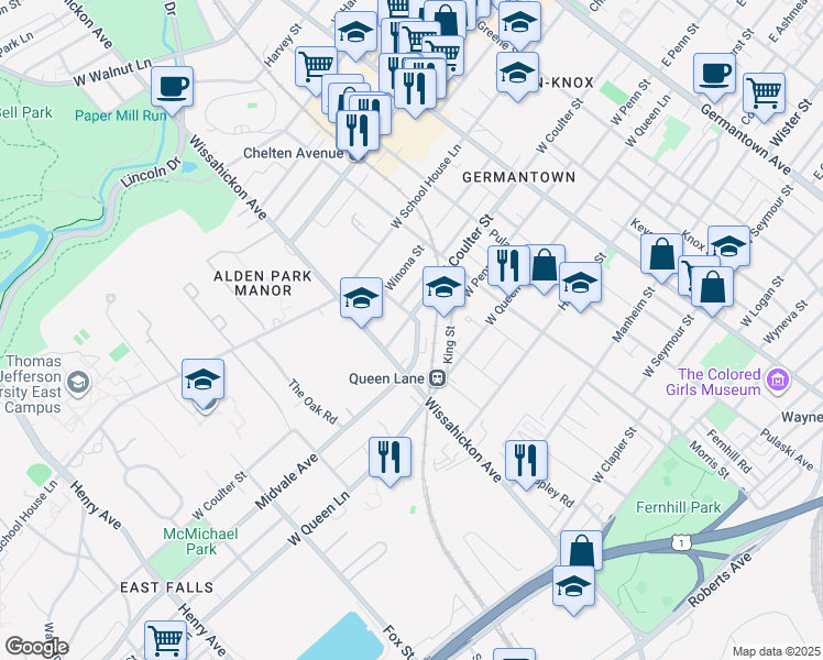map of restaurants, bars, coffee shops, grocery stores, and more near 526 Midvale Avenue in Philadelphia