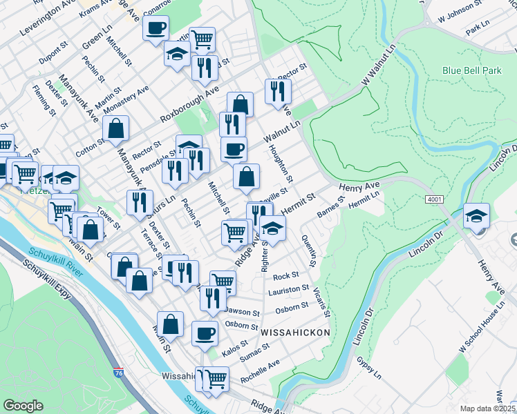 map of restaurants, bars, coffee shops, grocery stores, and more near 476 Seville Street in Philadelphia