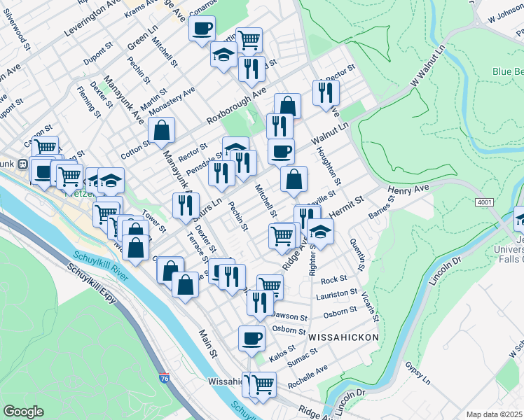 map of restaurants, bars, coffee shops, grocery stores, and more near 446 Markle Street in Philadelphia