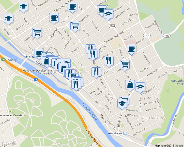 map of restaurants, bars, coffee shops, grocery stores, and more near 4123 Terrace Street in Philadelphia