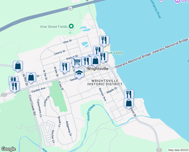 map of restaurants, bars, coffee shops, grocery stores, and more near 215 Chestnut Street in Wrightsville