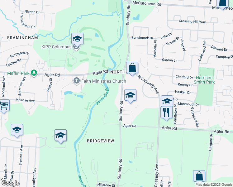map of restaurants, bars, coffee shops, grocery stores, and more near 2619 Sunbury Road in Columbus