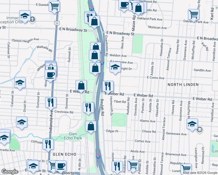 map of restaurants, bars, coffee shops, grocery stores, and more near 718 East Weber Road in Columbus
