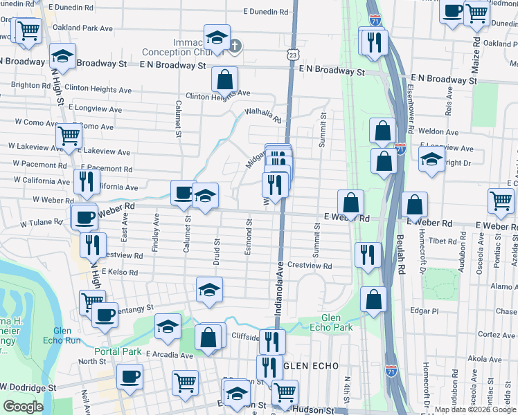 map of restaurants, bars, coffee shops, grocery stores, and more near 2996 Woodbine Place in Columbus