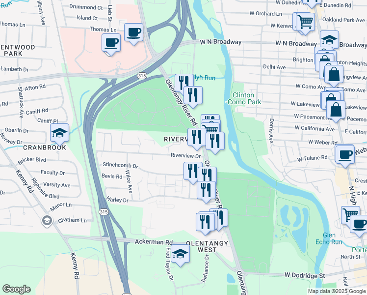 map of restaurants, bars, coffee shops, grocery stores, and more near 554 Riverview Drive in Columbus