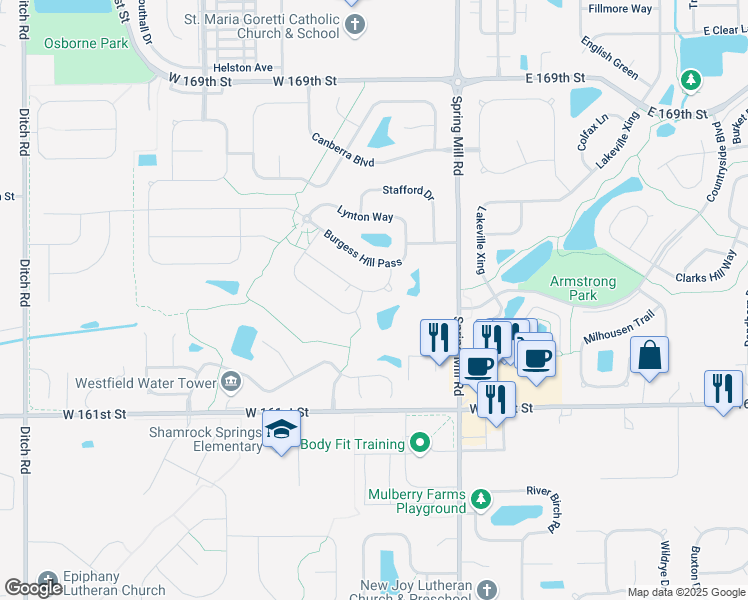 map of restaurants, bars, coffee shops, grocery stores, and more near 16297 Esher Court in Westfield