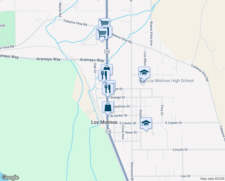 map of restaurants, bars, coffee shops, grocery stores, and more near 7862 Molinos Avenue in Los Molinos