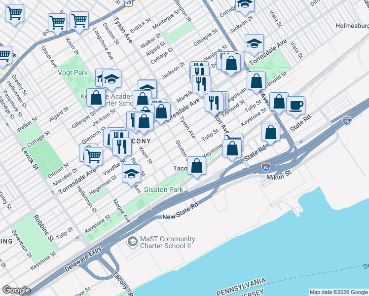 map of restaurants, bars, coffee shops, grocery stores, and more near 6930 Tulip Street in Philadelphia