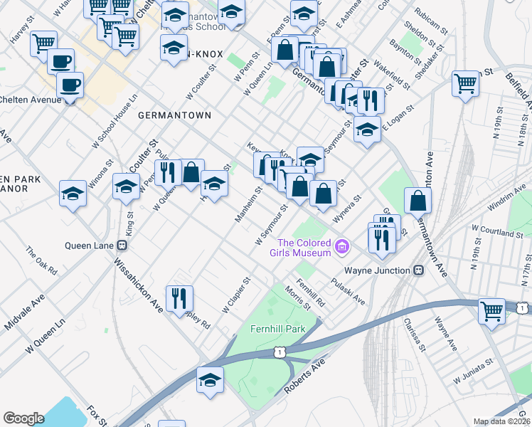 map of restaurants, bars, coffee shops, grocery stores, and more near 5021 Pulaski Avenue in Philadelphia
