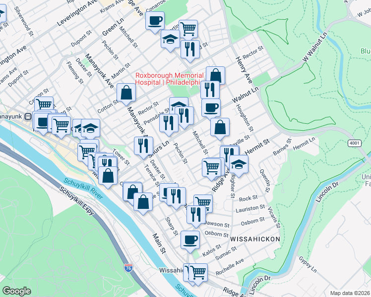 map of restaurants, bars, coffee shops, grocery stores, and more near 409 Naomi Street in Philadelphia