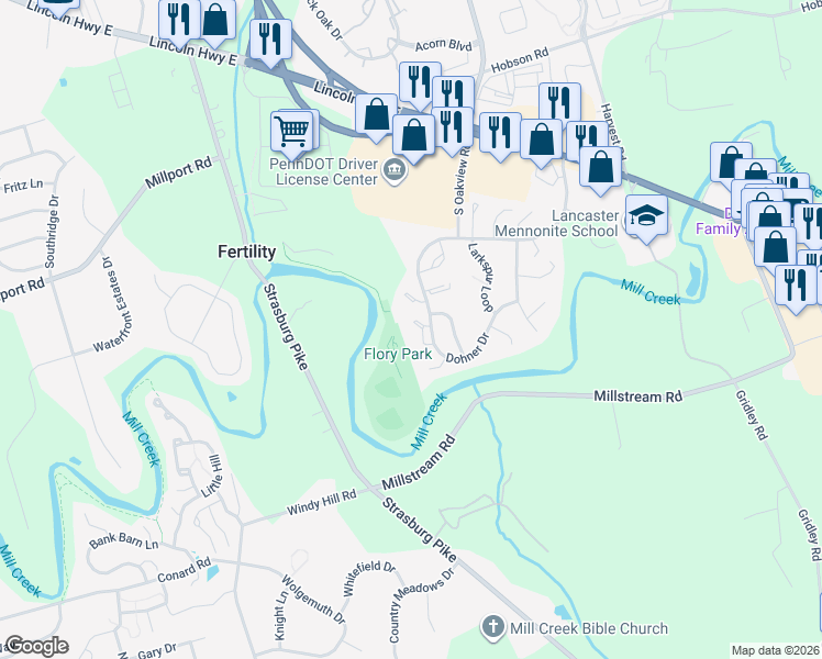 map of restaurants, bars, coffee shops, grocery stores, and more near 414 Dohner Drive in Lancaster