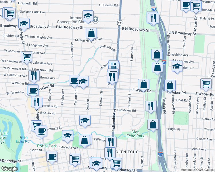 map of restaurants, bars, coffee shops, grocery stores, and more near 418 East Weber Road in Columbus