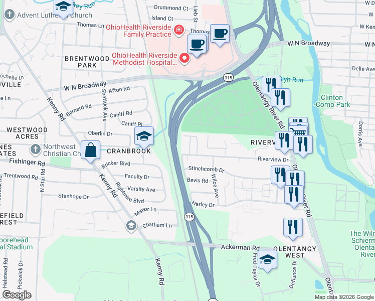 map of restaurants, bars, coffee shops, grocery stores, and more near 820 Riverview Drive in Columbus