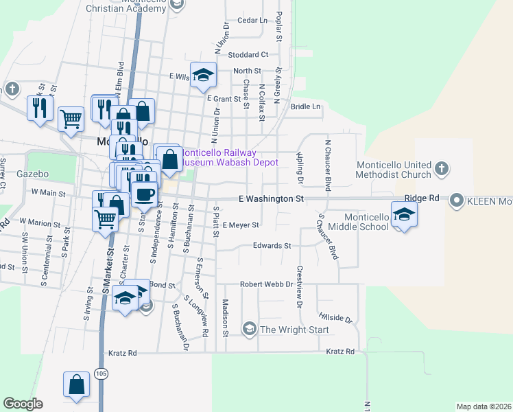 map of restaurants, bars, coffee shops, grocery stores, and more near 121 South Colfax Street in Monticello