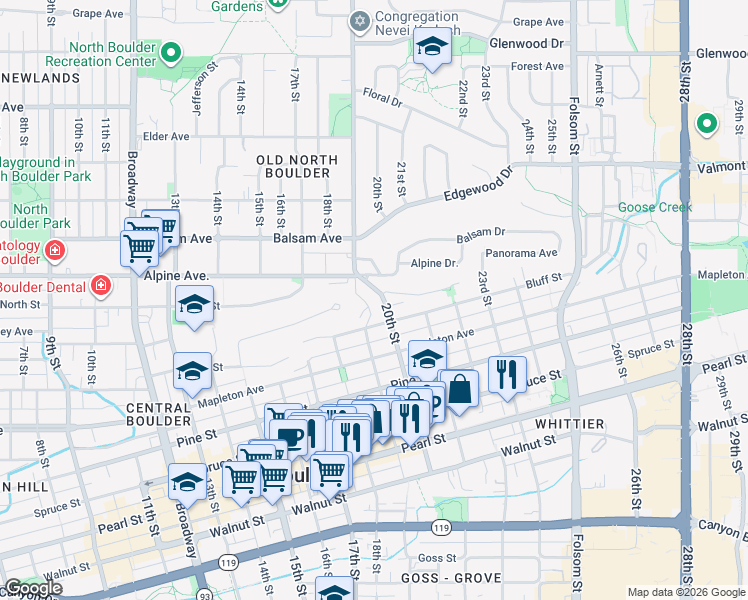 map of restaurants, bars, coffee shops, grocery stores, and more near 2427 20th Street in Boulder