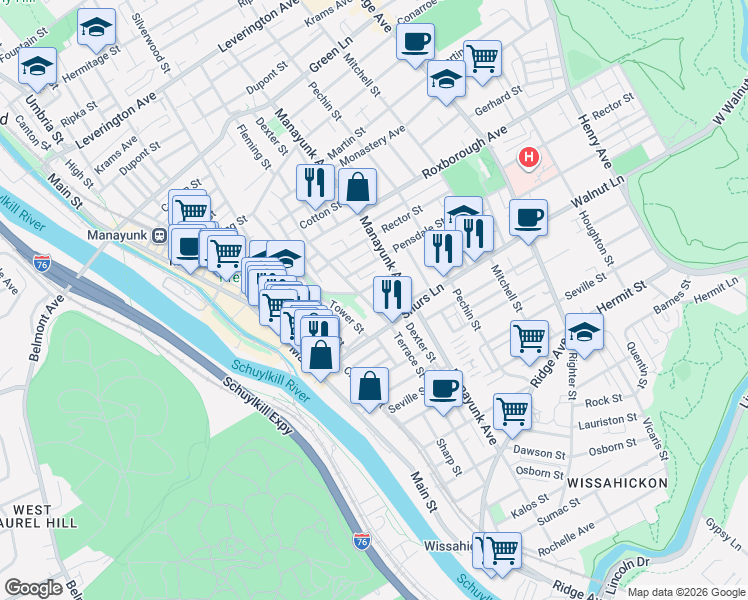 map of restaurants, bars, coffee shops, grocery stores, and more near 4123 Terrace Street in Philadelphia