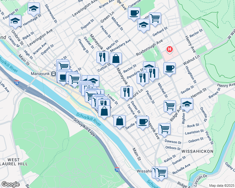 map of restaurants, bars, coffee shops, grocery stores, and more near 4128 Terrace Street in Philadelphia