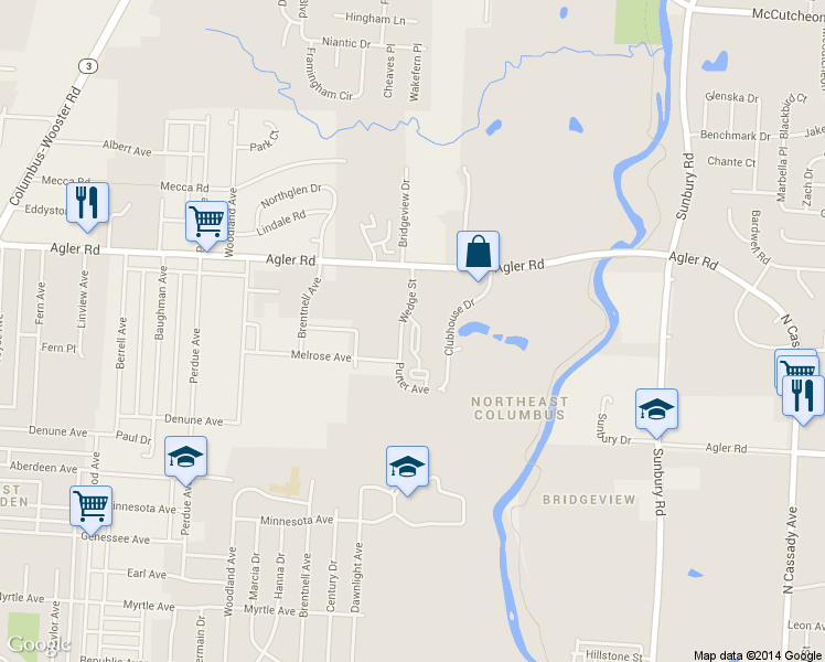 map of restaurants, bars, coffee shops, grocery stores, and more near 2692 Wedge Street in Columbus