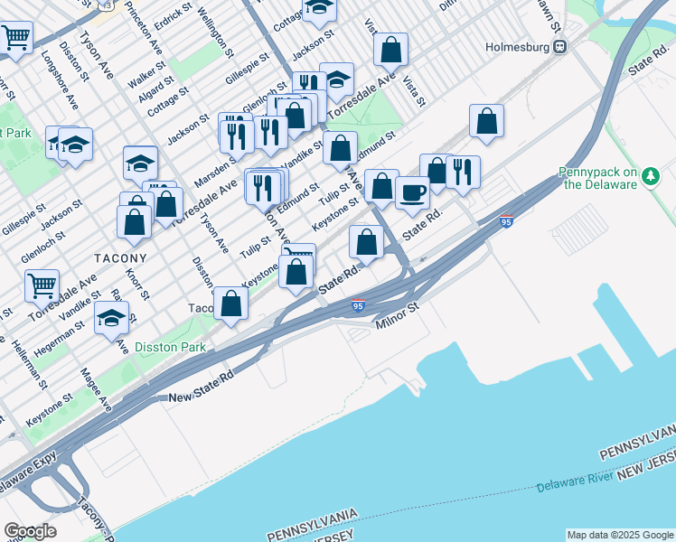 map of restaurants, bars, coffee shops, grocery stores, and more near 7128 State Road in Philadelphia