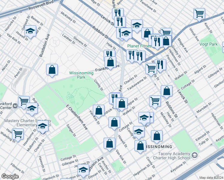 map of restaurants, bars, coffee shops, grocery stores, and more near 4080 Higbee Street in Philadelphia