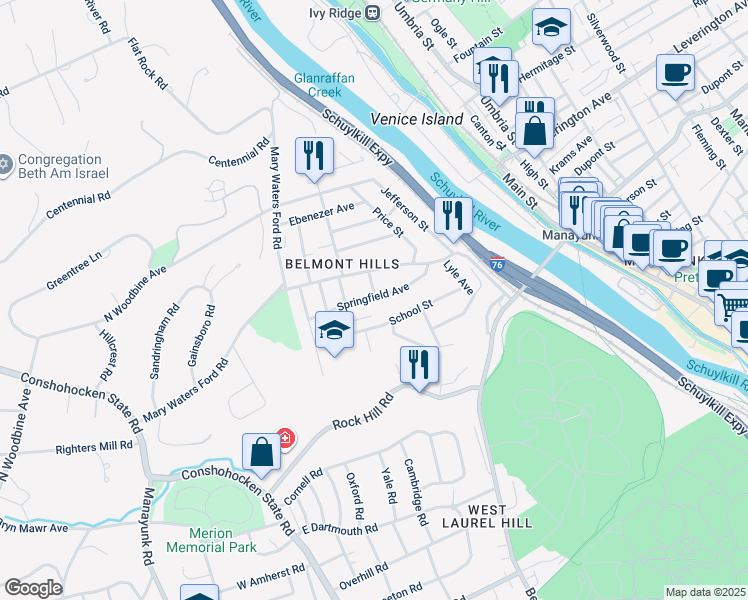 map of restaurants, bars, coffee shops, grocery stores, and more near 166 Springfield Avenue in Bala Cynwyd