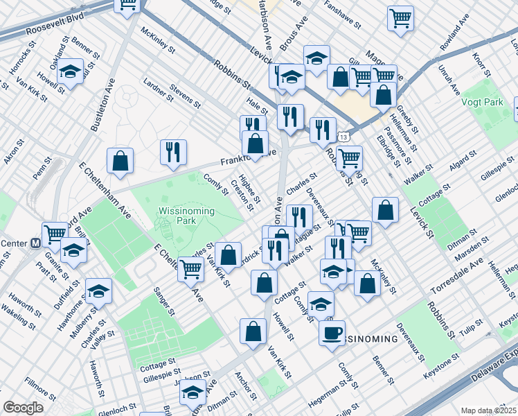 map of restaurants, bars, coffee shops, grocery stores, and more near 4080 Higbee Street in Philadelphia