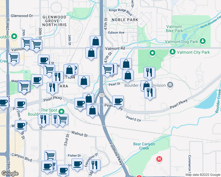 map of restaurants, bars, coffee shops, grocery stores, and more near 4733 Pearl Street in Boulder