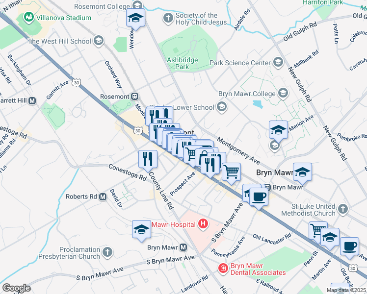 map of restaurants, bars, coffee shops, grocery stores, and more near 1054 Markee Terrace in Bryn Mawr