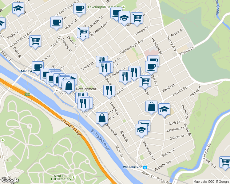 map of restaurants, bars, coffee shops, grocery stores, and more near 4104 Manayunk Avenue in Philadelphia