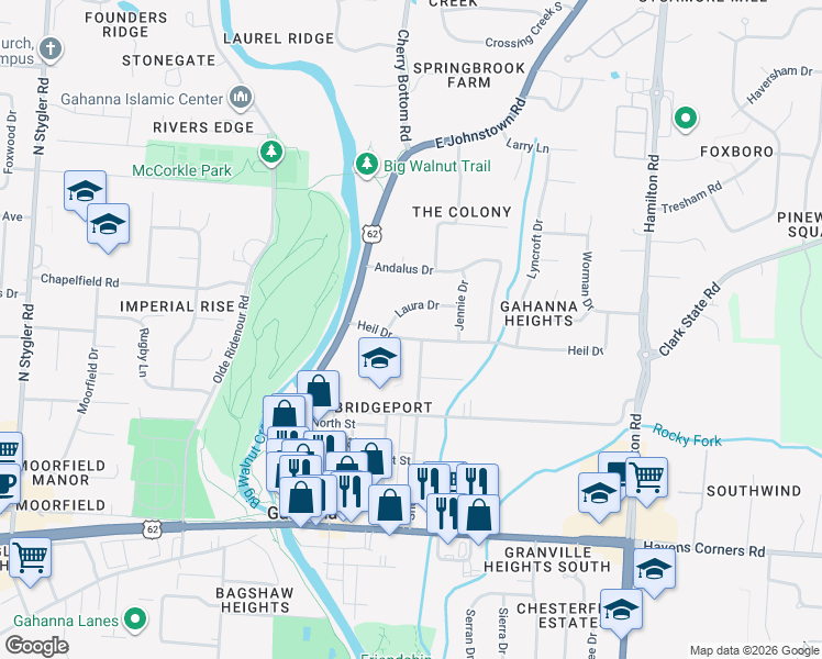 map of restaurants, bars, coffee shops, grocery stores, and more near 160 Heil Drive in Columbus