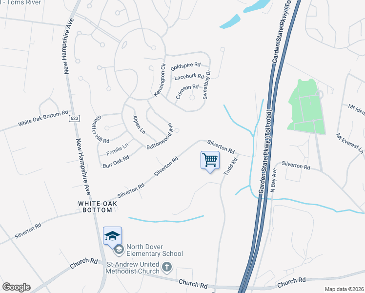map of restaurants, bars, coffee shops, grocery stores, and more near 1556 Silverton Road in Toms River