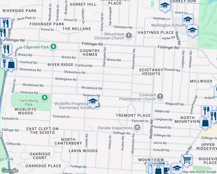 map of restaurants, bars, coffee shops, grocery stores, and more near 2306 Woodstock Rd in Columbus