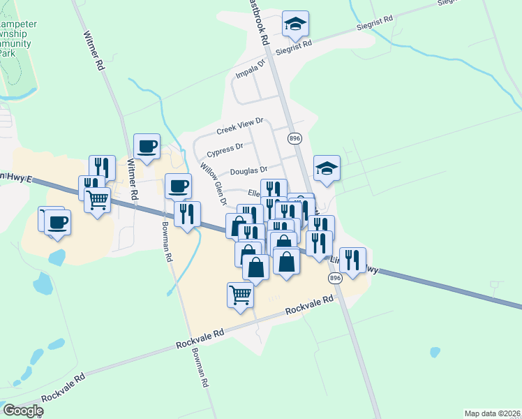 map of restaurants, bars, coffee shops, grocery stores, and more near 2461 Willow Glen Dr in Lancaster