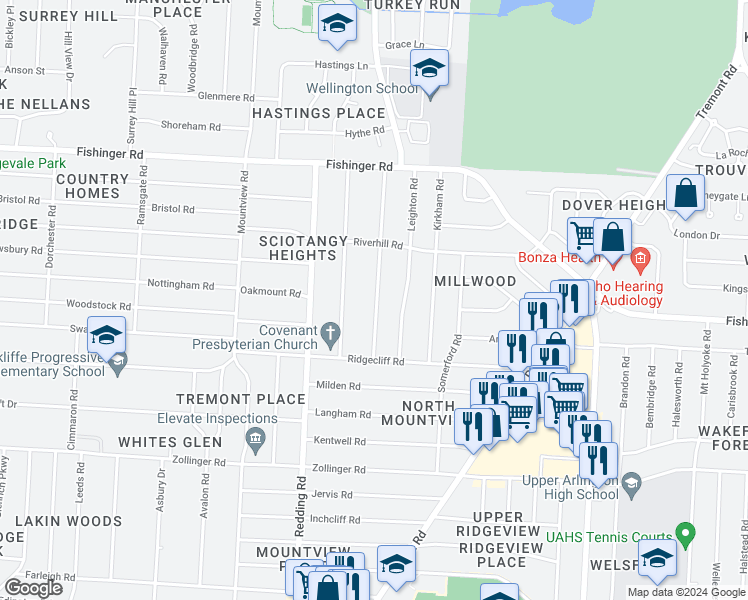 map of restaurants, bars, coffee shops, grocery stores, and more near 3347 Colchester Road in Upper Arlington
