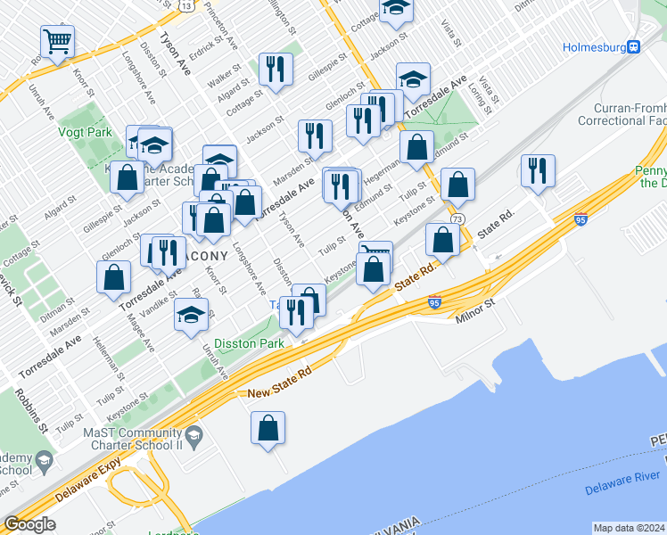 map of restaurants, bars, coffee shops, grocery stores, and more near 7010 Keystone Street in Philadelphia