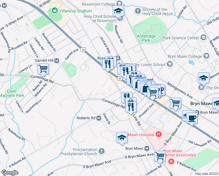 map of restaurants, bars, coffee shops, grocery stores, and more near 118 Montrose Avenue in Bryn Mawr