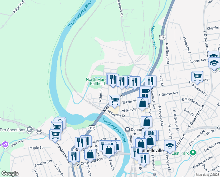 map of restaurants, bars, coffee shops, grocery stores, and more near 204 Memorial Boulevard in Connellsville