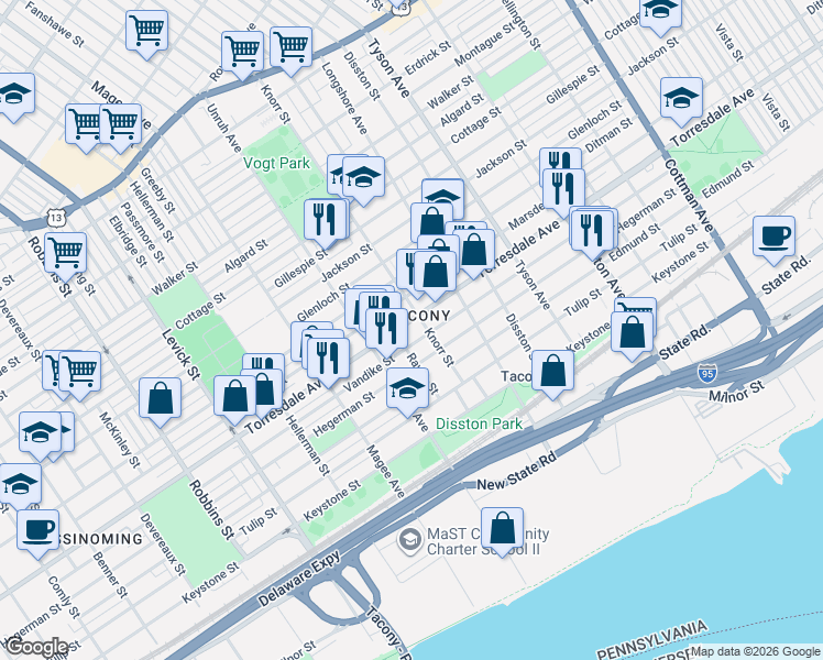 map of restaurants, bars, coffee shops, grocery stores, and more near 6744 Vandike Street in Philadelphia