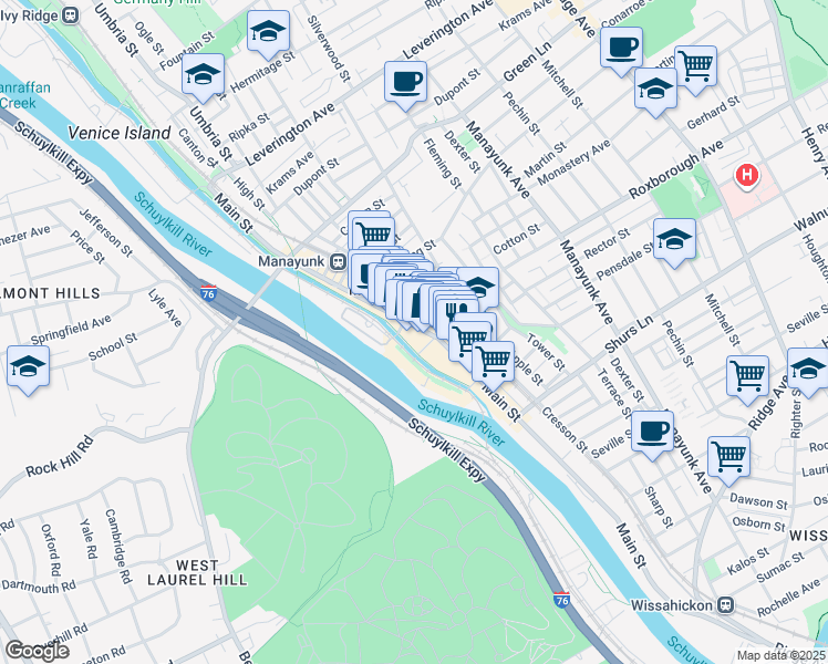 map of restaurants, bars, coffee shops, grocery stores, and more near 4313-17 Main Street in Philadelphia