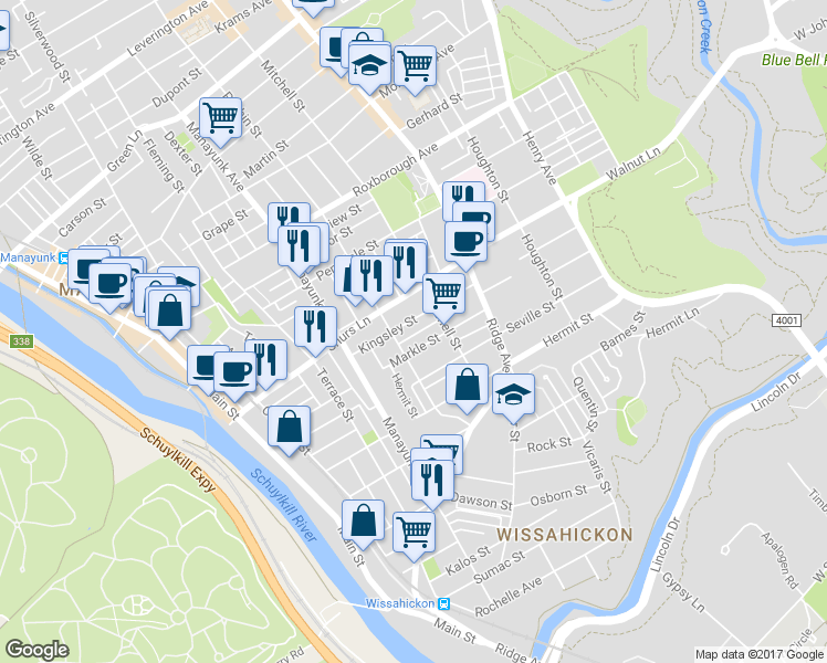 map of restaurants, bars, coffee shops, grocery stores, and more near 422 Naomi Street in Philadelphia