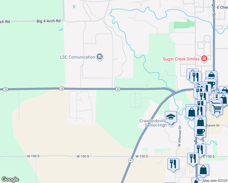 map of restaurants, bars, coffee shops, grocery stores, and more near 643 Indiana 32 in Crawfordsville