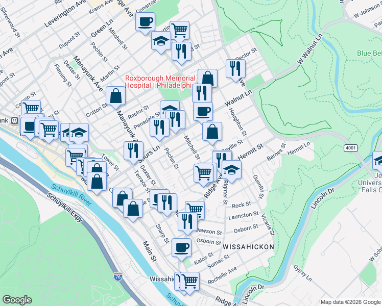 map of restaurants, bars, coffee shops, grocery stores, and more near 455 Markle Street in Philadelphia