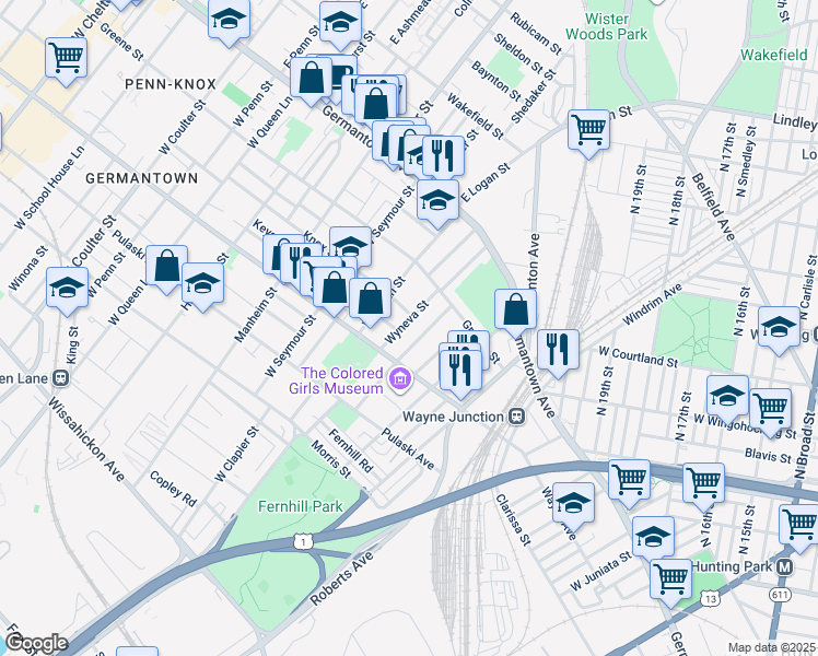 map of restaurants, bars, coffee shops, grocery stores, and more near 150 Wyneva Street in Philadelphia