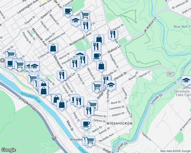 map of restaurants, bars, coffee shops, grocery stores, and more near 455 Markle Street in Philadelphia