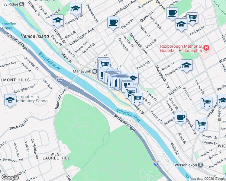 map of restaurants, bars, coffee shops, grocery stores, and more near 4312 Main Street in Philadelphia