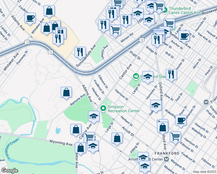 map of restaurants, bars, coffee shops, grocery stores, and more near 955R Fillmore Street in Philadelphia